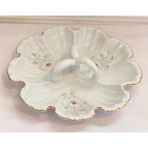 Vintage Porcelain 3 Section Relish Dish with Handle Flower Shape Floral Pattern